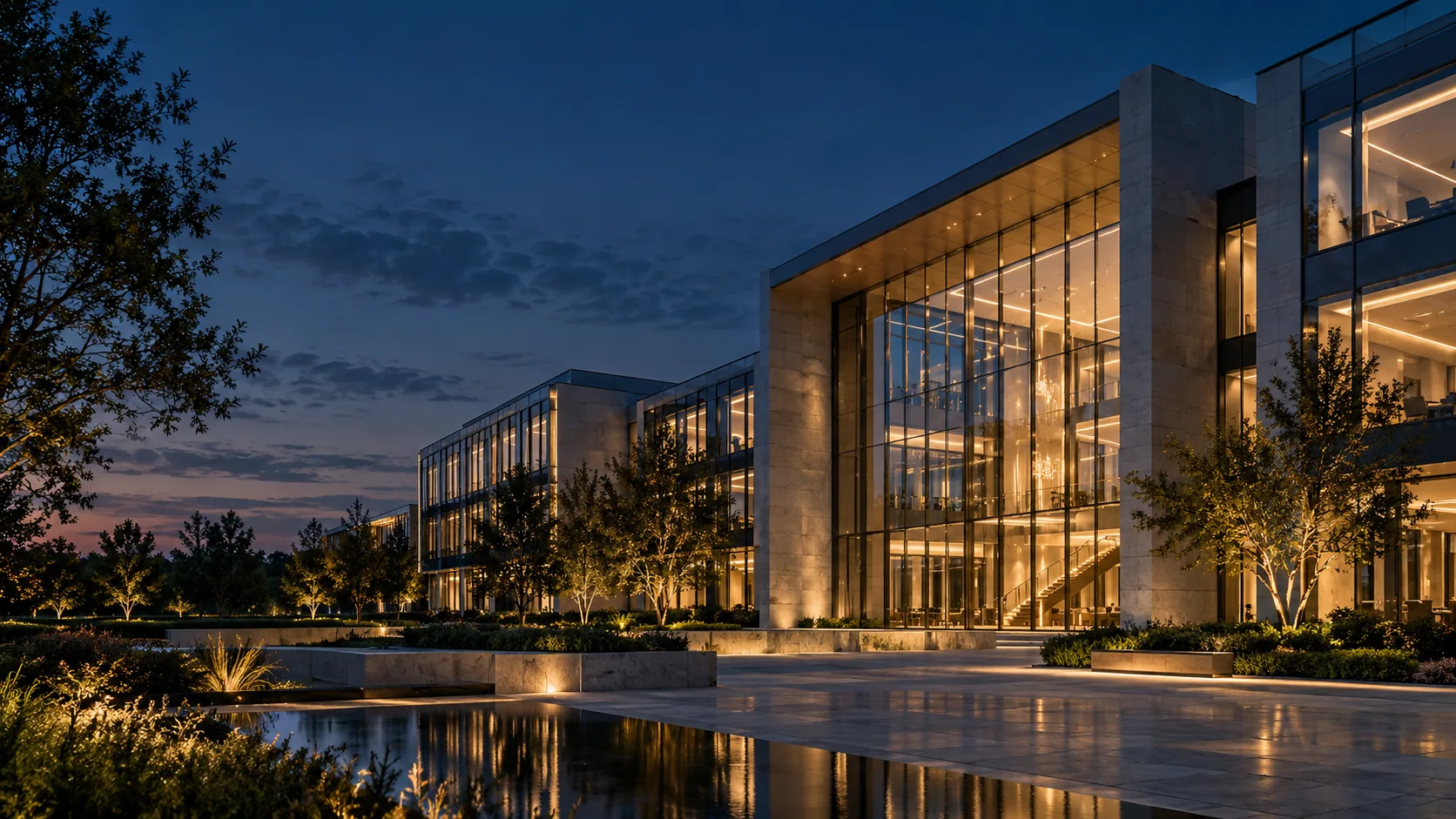 Illustratives Motiv moderner Büroarchitektur mit Glasatrium im Abendlicht